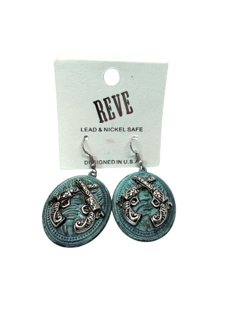 REVE Western Turquoise Patina Double Pistol Dangle Earrings Lead & Nickel Safe